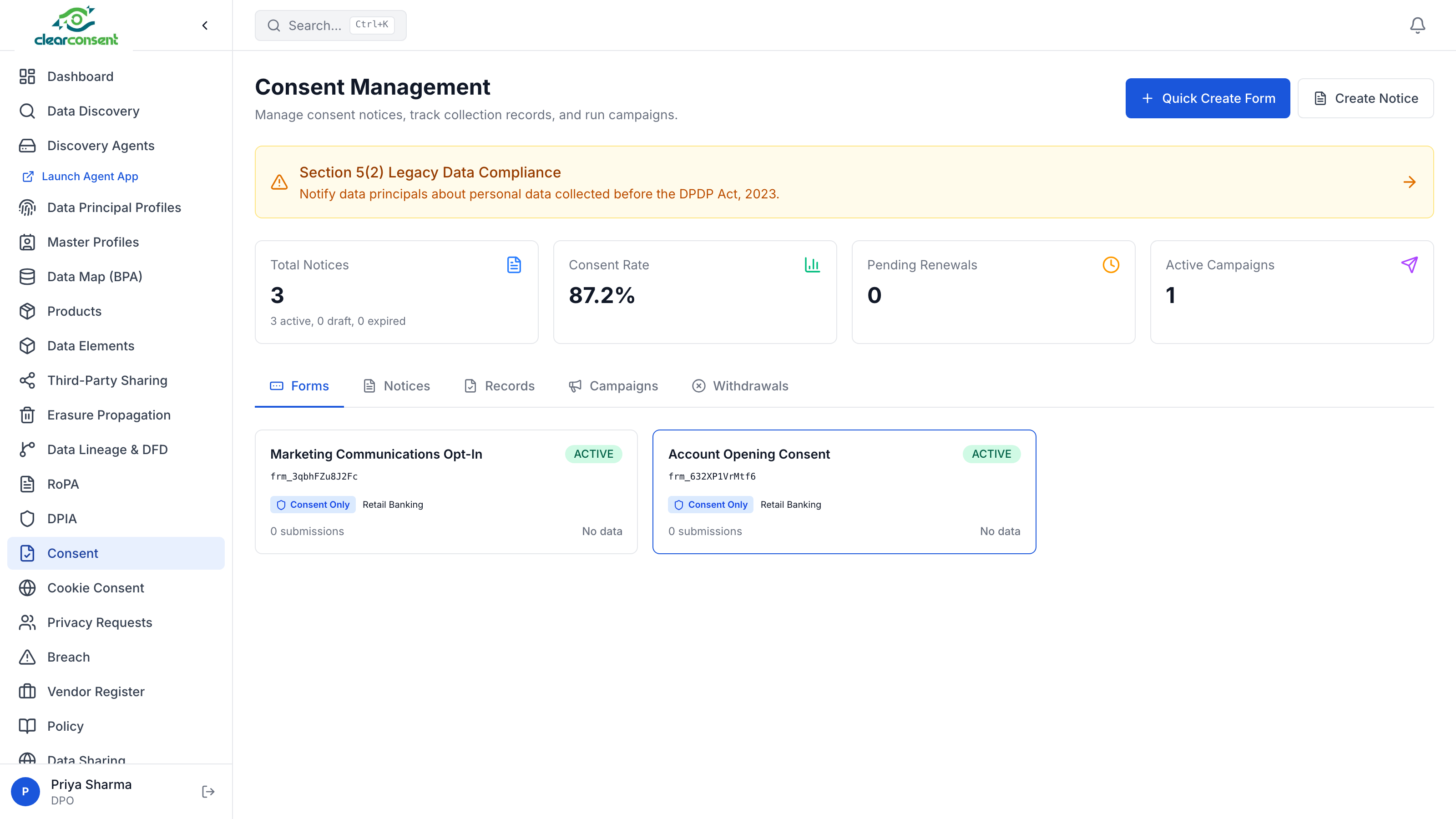 Consent Management — notices, forms, and campaign tracking