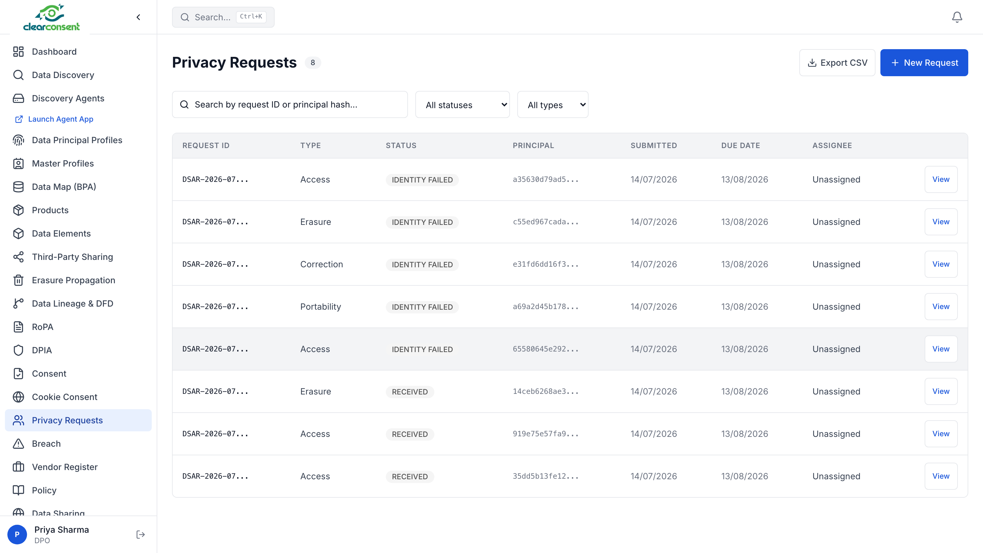 Privacy Requests — DSAR tracking with status and deadlines