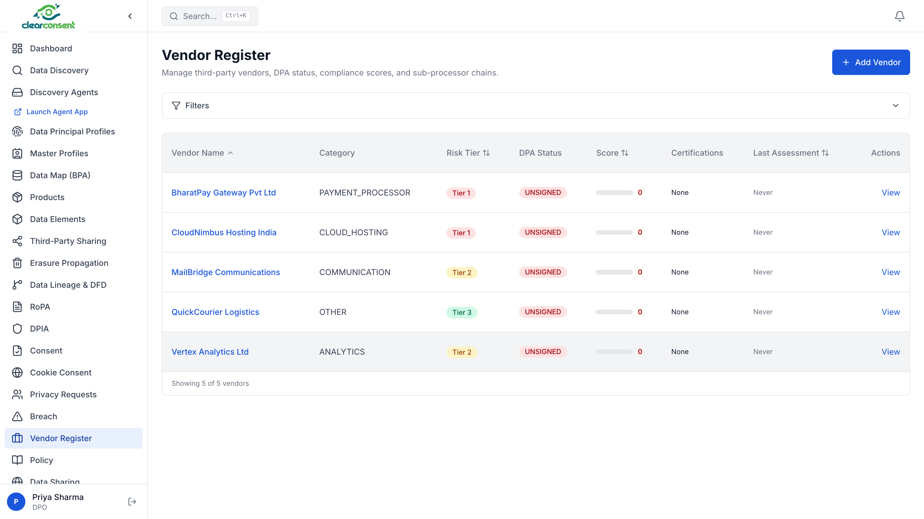 Vendor Register — third-party compliance scoring and DPA tracking